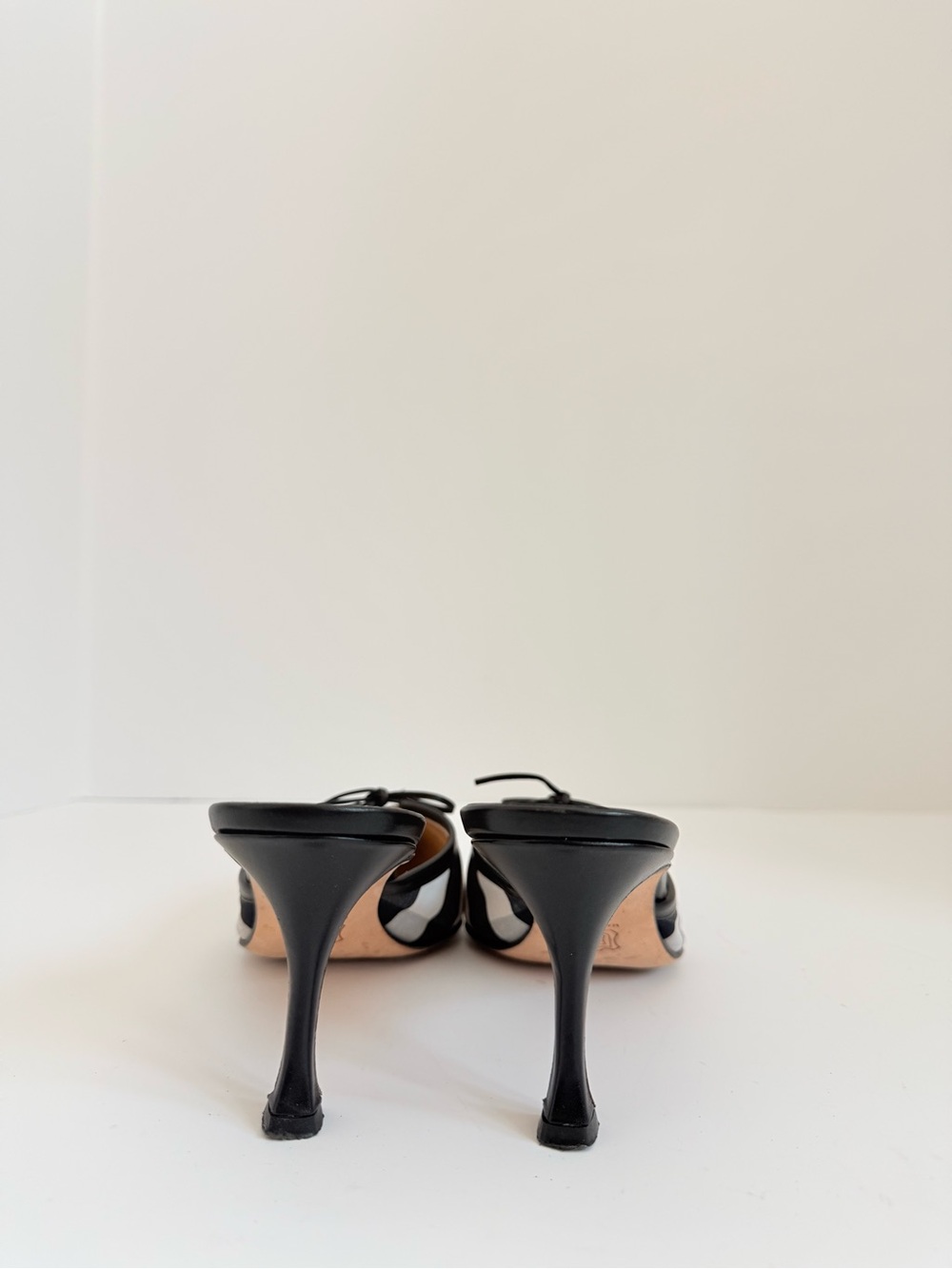 Manolo Blahnik LATAMU Black White Gingham Check Bow Pointed Toe Kitten mules 38 - Picture 7 of 10